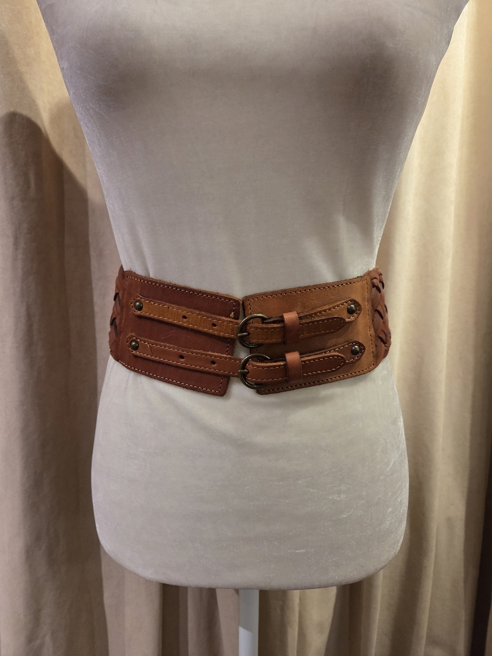 Express Wide Double-Buckle Braided Waist Belt - Tan Brown